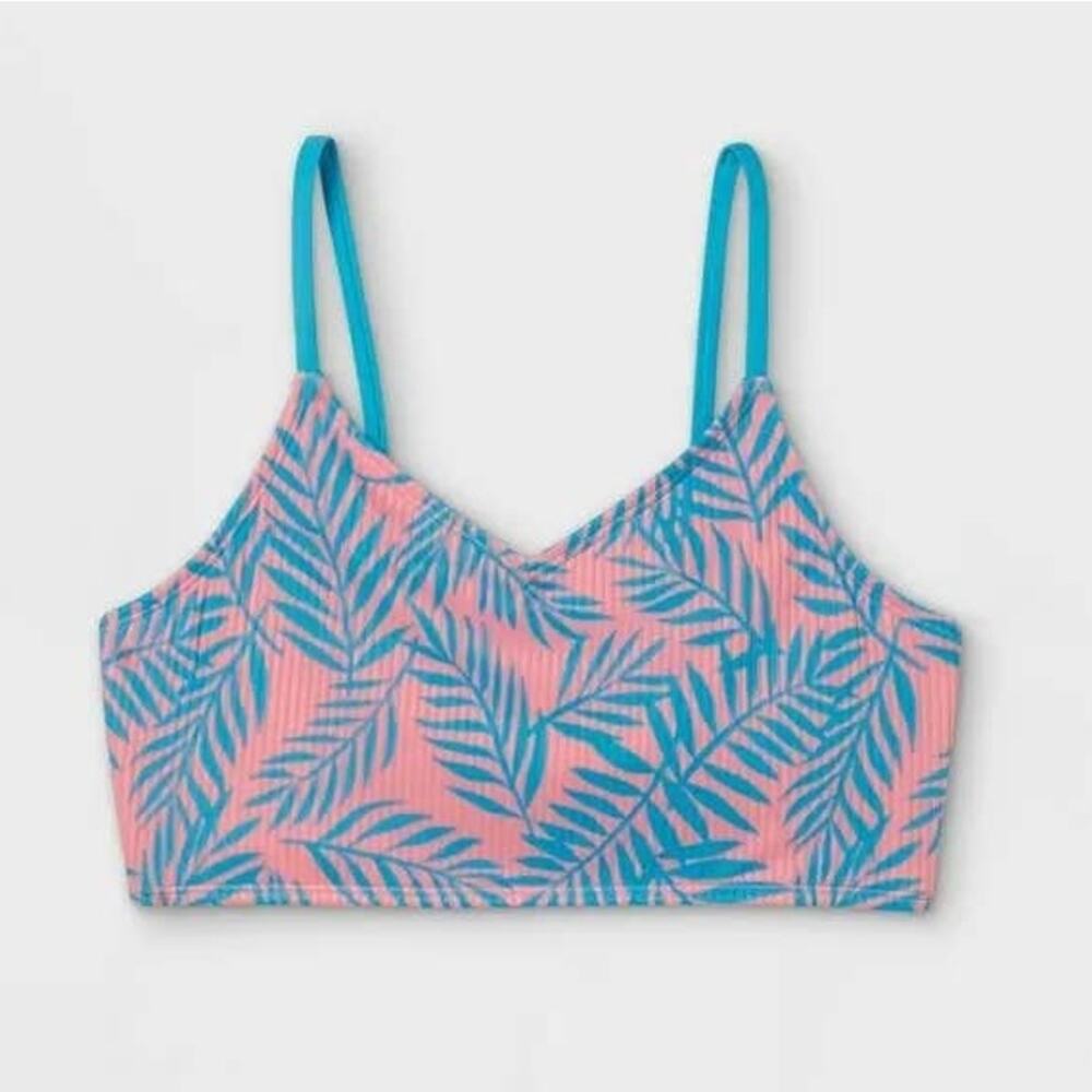 Ribbed Palm‎ Print Textured Bikini Top Art Class Pink Blue Large 10/12 Swimsuit